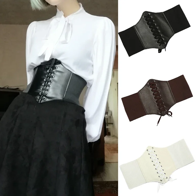 Women's Corset Belt Gothic Fashion PU Leather Female Lace-up Corset Belts Slimming Waist Vintage Corset Black Wide Belt for Girl