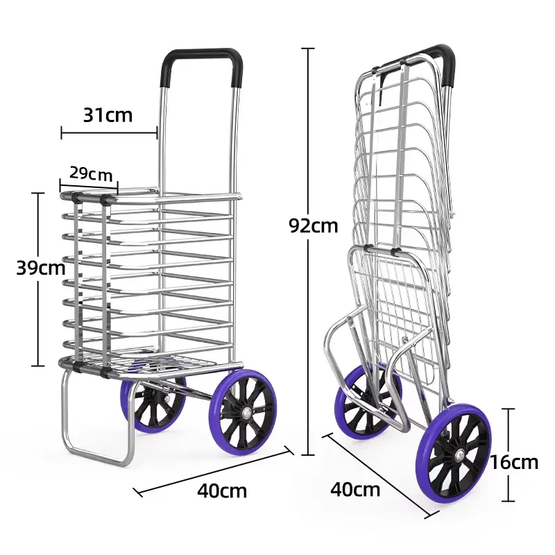 Foldable Aluminum/PVC Shopping Trolley 2 Wheels 40KG Capacity Grocery Cart Tools Hard Wearing Easy Storage OEM Lightweight