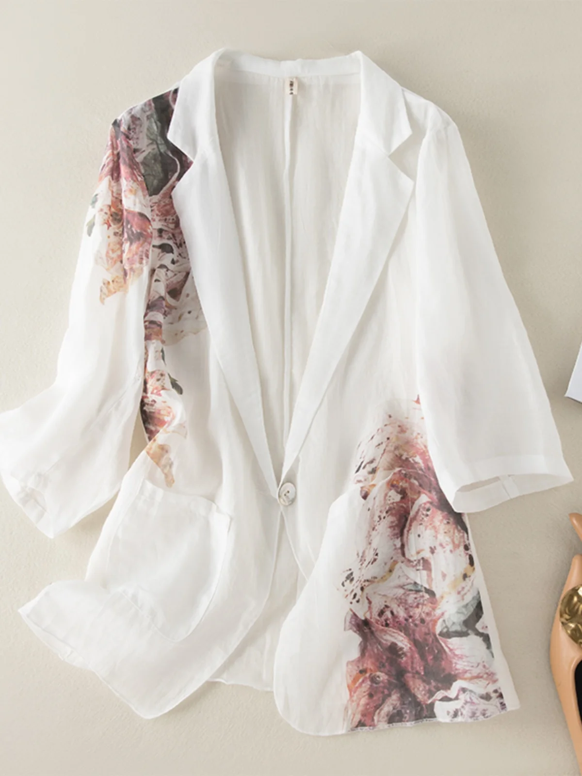 Cotton Linen Suit Jacket Printed V-neck Short Sleeve Women's Top Thin Sun Protection Casual Commute Style Button Detail