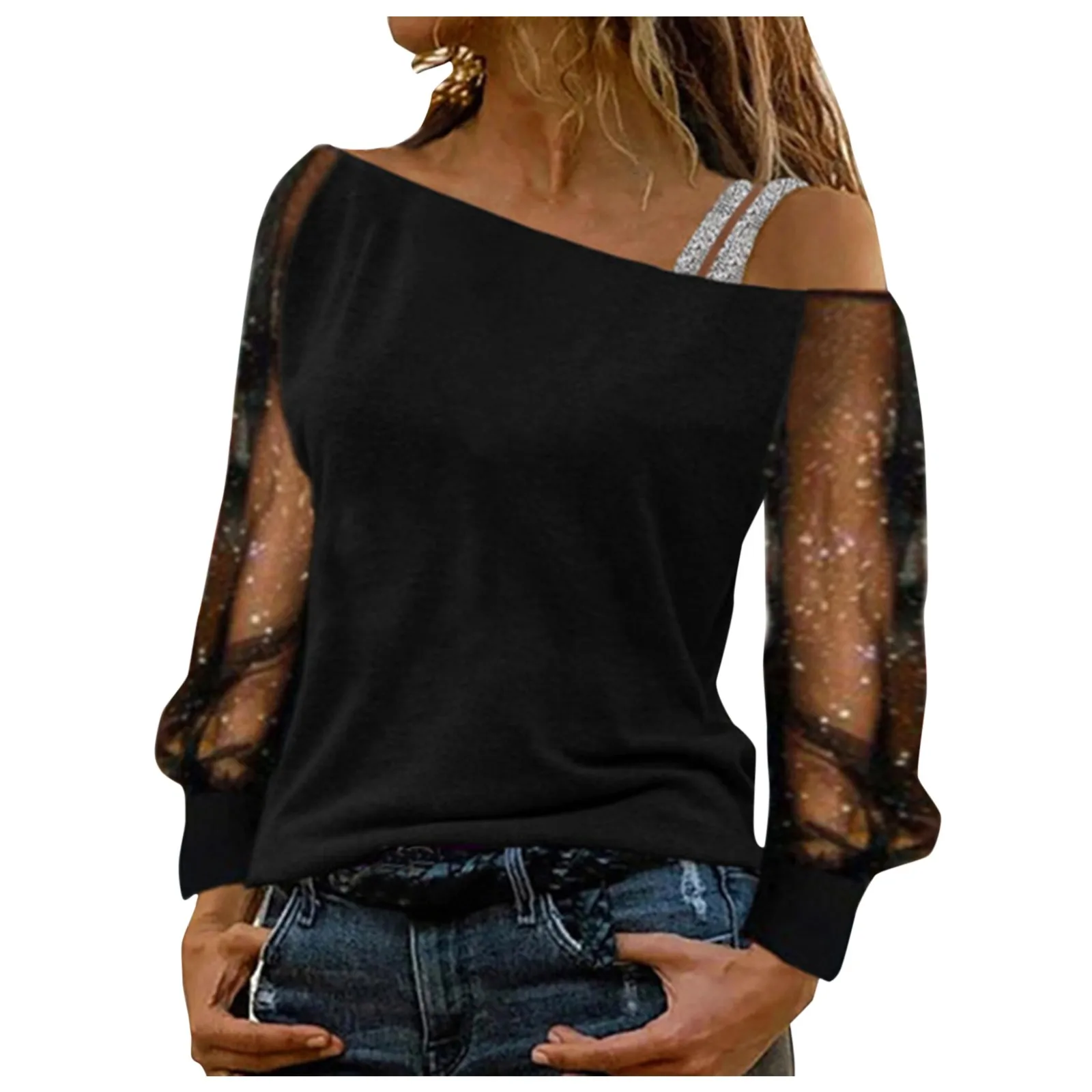 Sequin Print Blouse For Women Plus Size Mesh Long Sleeve Cold Shoulder Loose Splice Blouse Tops Summer Blouses For Women