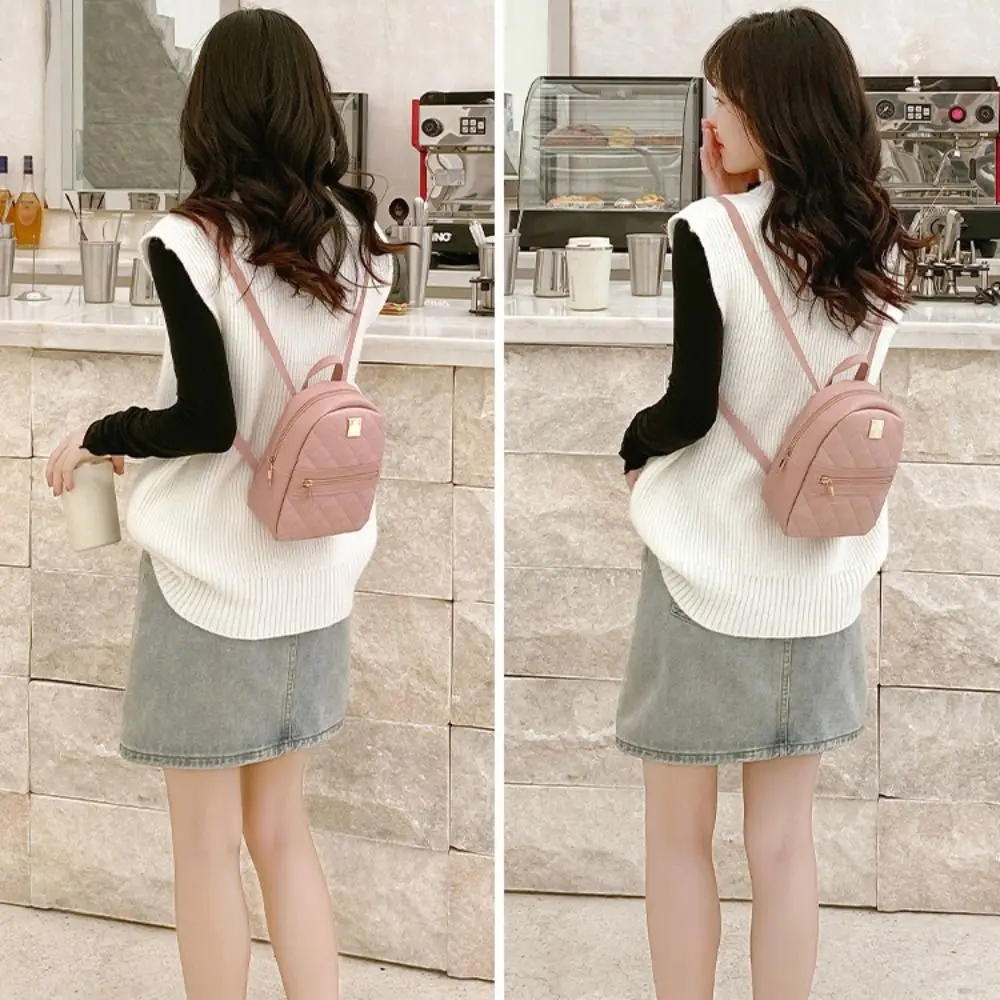 Lingge Embroidery Mini Small Backpack PU Leather Zipper Women Shoulder Bag Solid Color Large Capacity Travel Rucksack