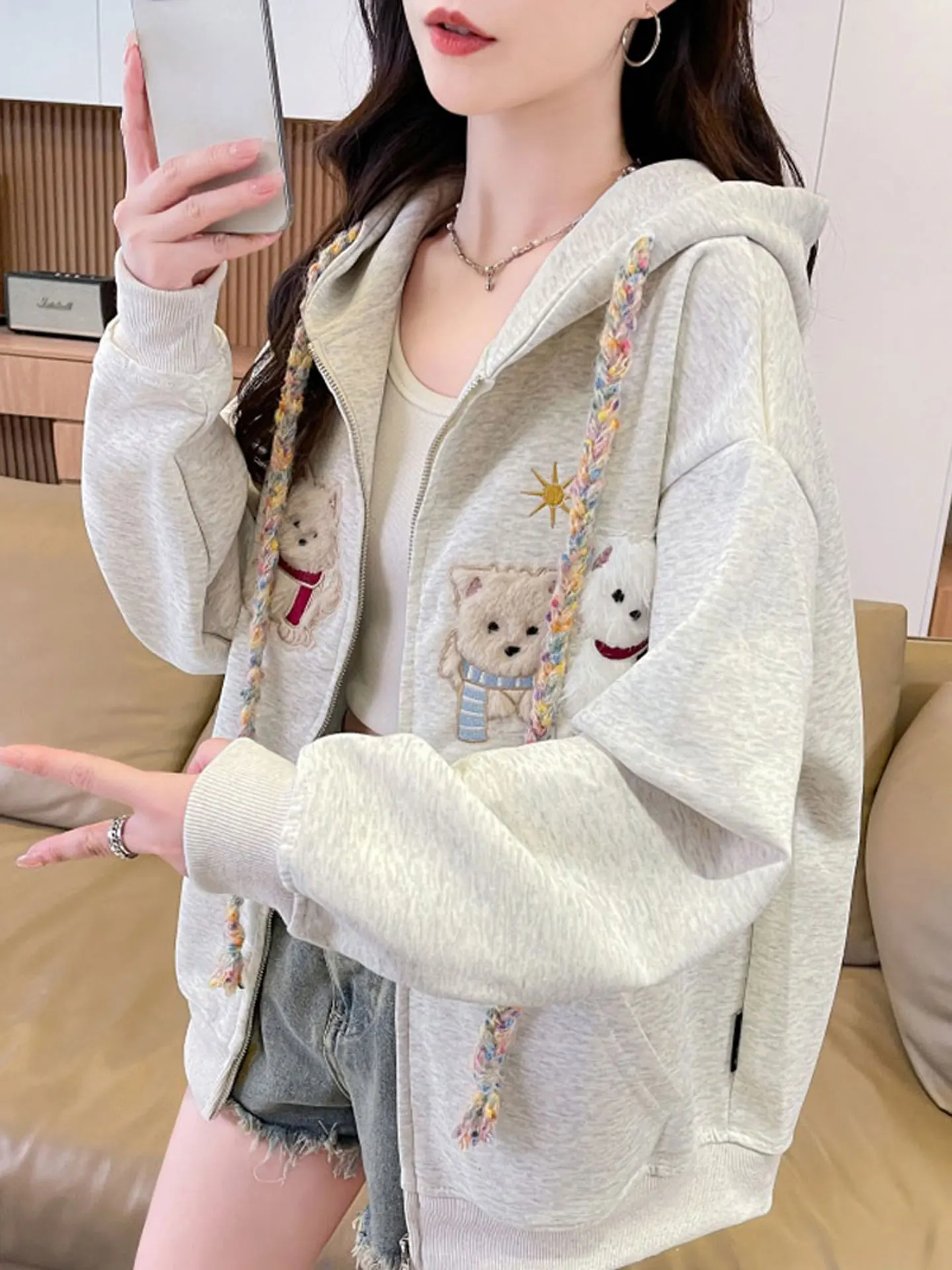 Thickened Fleece Embroidered Hat Dog Jacket Women's Autumn Winter New Style High School Students Loose Open Cardigan Top