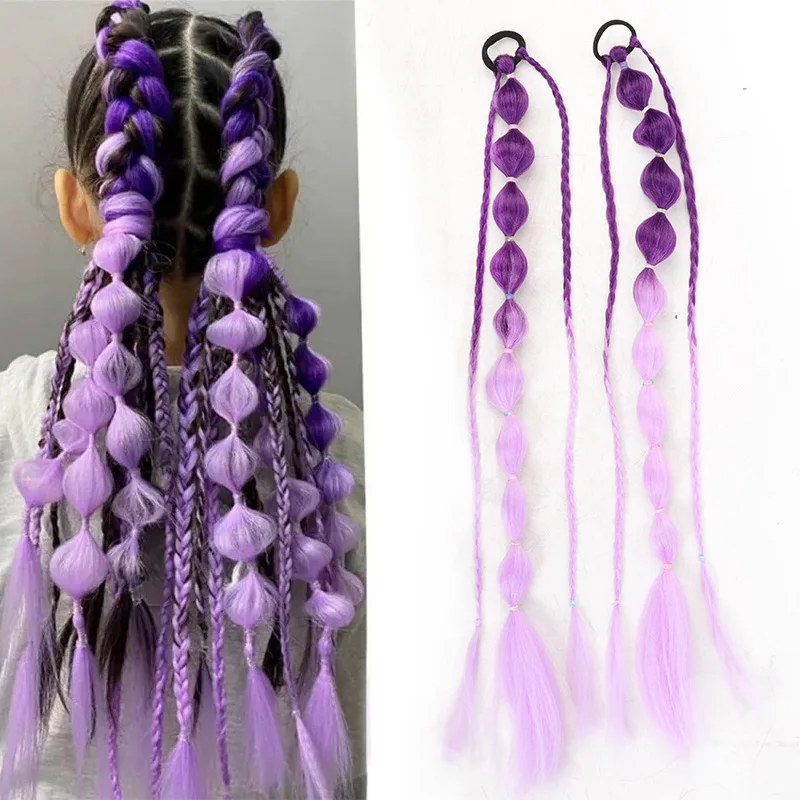 24 Inch Ombre Purple Bubble Ponytail Extensions with Elastic Rubber Band Synthetic Braid Hairpiece for Women Kids Party