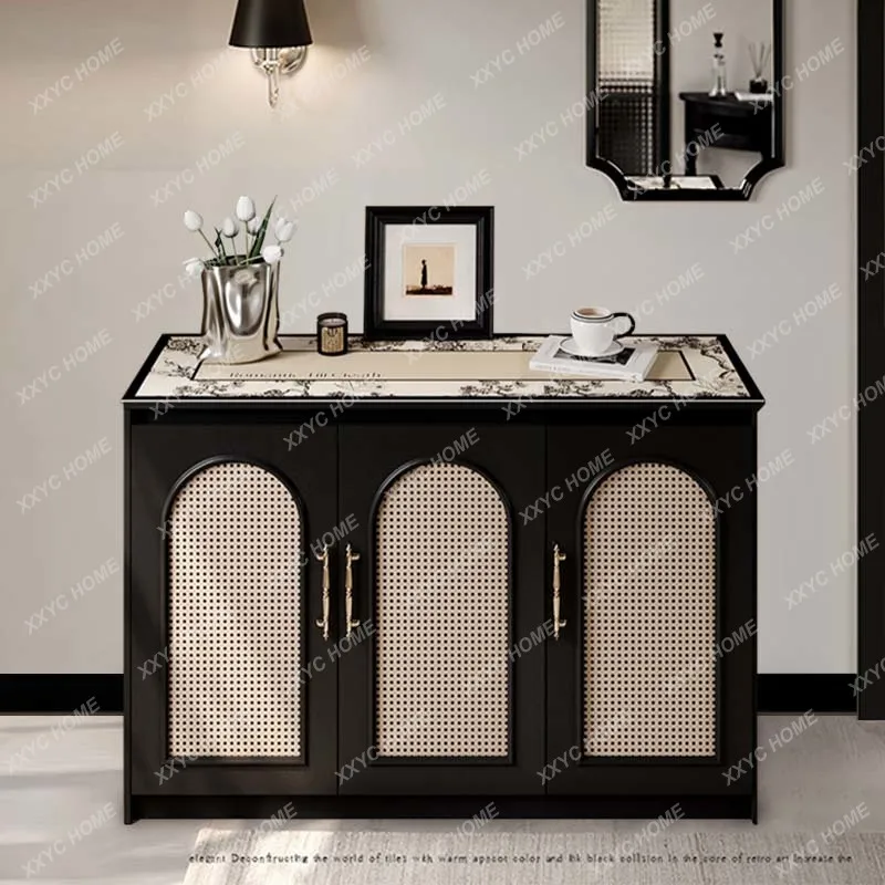 SLLight Luxury Retro Sideboard with Rattan Door, Black Large Capacity Storage Cabinet for Home Use