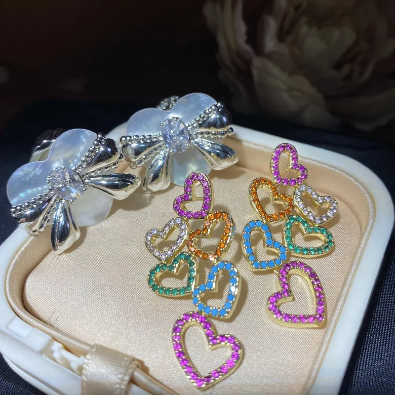 Multi Layer Hollow Heart Dangle Earrings Colorful Cubic Zirconia Gold Tone Statement Ear Jewelry For Women Daily Wear