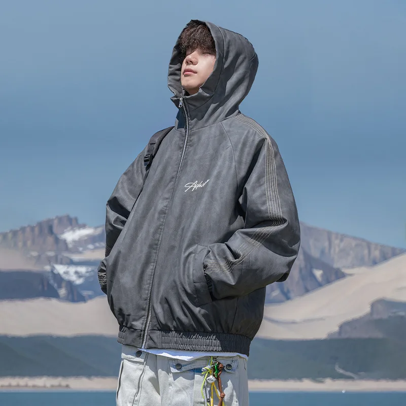 Men's PU Leather Quilted Cotton Down Jacket Stand Collar Winter Coat American Retro Embroidery Couple Hooded Outerwear AU-239