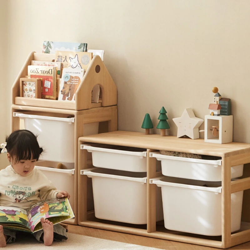 Children's solid wood reading bookshelf Montessori combination storage cabinet Household floor toy storage