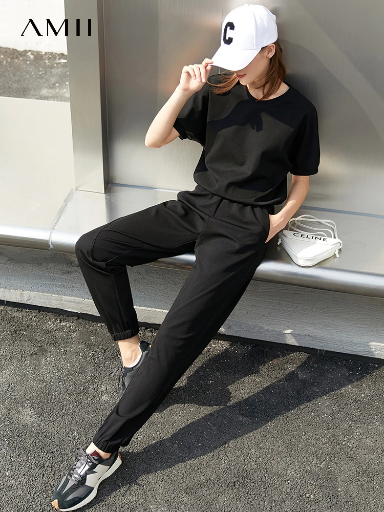 

AMII Minimalism 2 Piece Sets Women Outfit 2023 Knitted Pants Short Sleeves T-shirts Pant Sets for Women Separately Sale 12240346