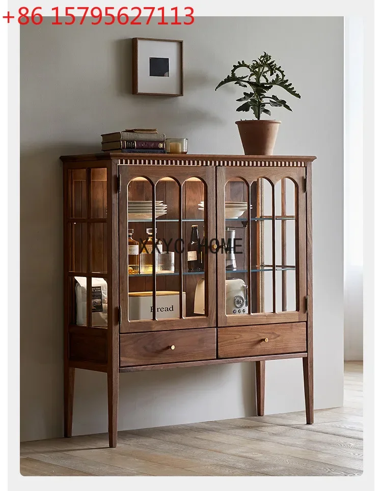 

Solid Wood Glass Wine Vintage Display Guest Restaurant Side Ceramic Storage with Light