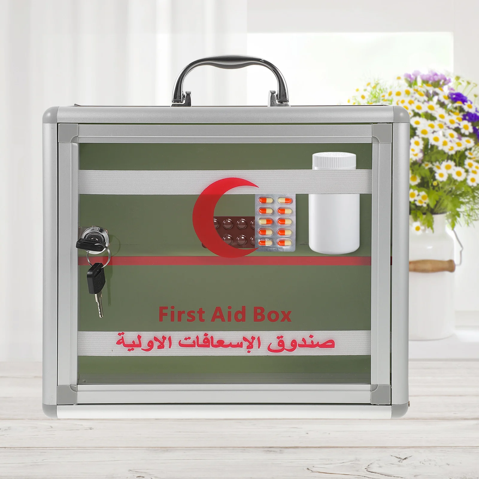 صندوق دواء الطوارئ مصنوع من سبائك الألومنيوم حقيبة مساعدة كبيرة صندوق تخزين الأدوية المحمول للاستخدام المنزلي والمكتب ورياض الأطفال