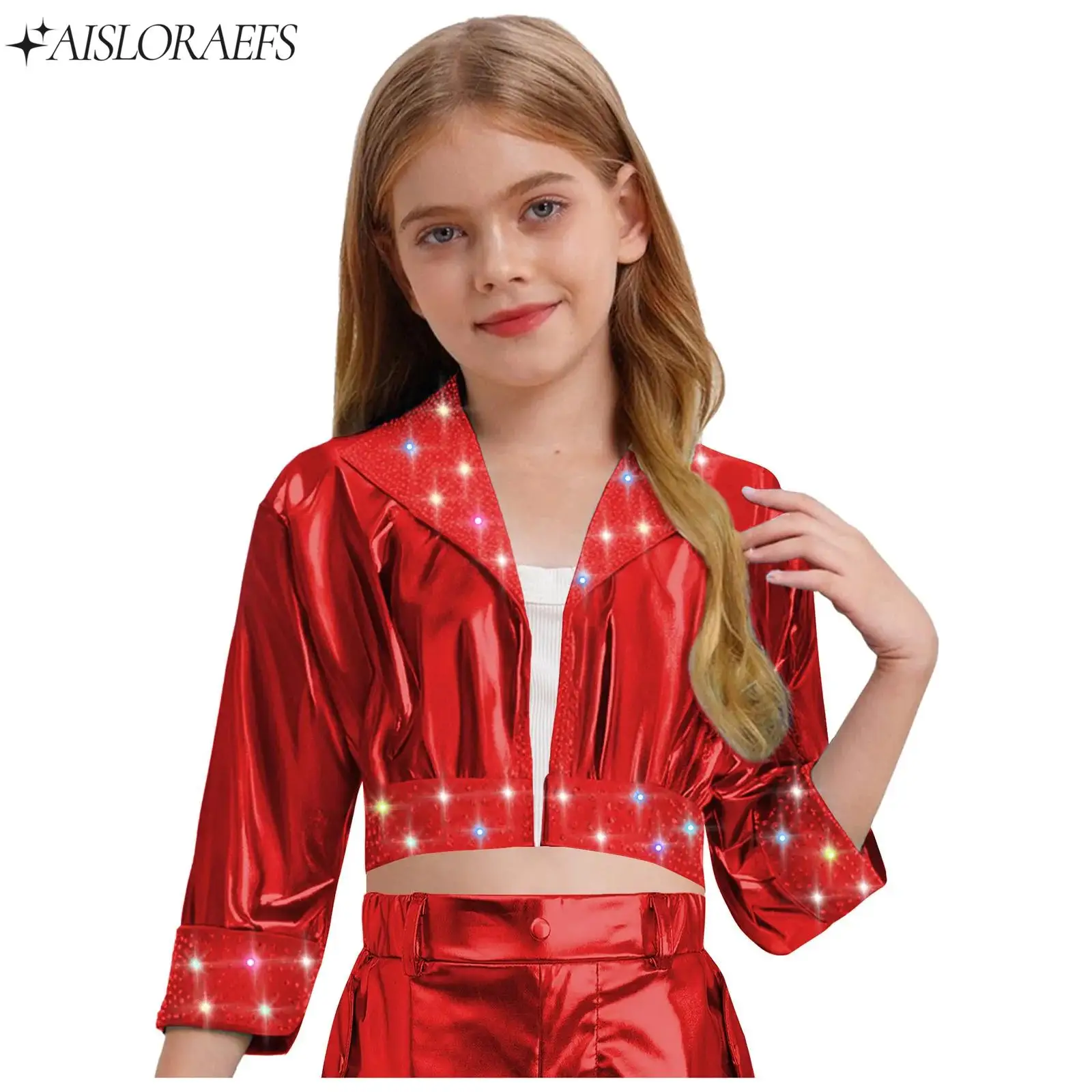 

Kids Girl Jazz Dance Top Outerwear Long Sleeve Shiny Rhinestones Metallic Jacket Dancewear for Hip Hop Dance Performance Clothes