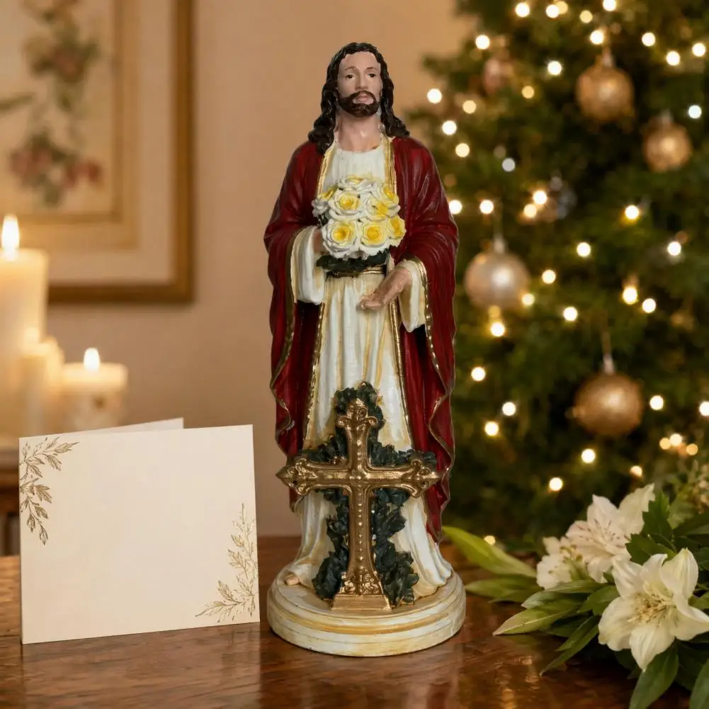Jesus Figurine Indoor Dust-proof Sculpture Jesus Statue with Led Flowers Usb Powered Figurine Catholic Home Office Desk Decor