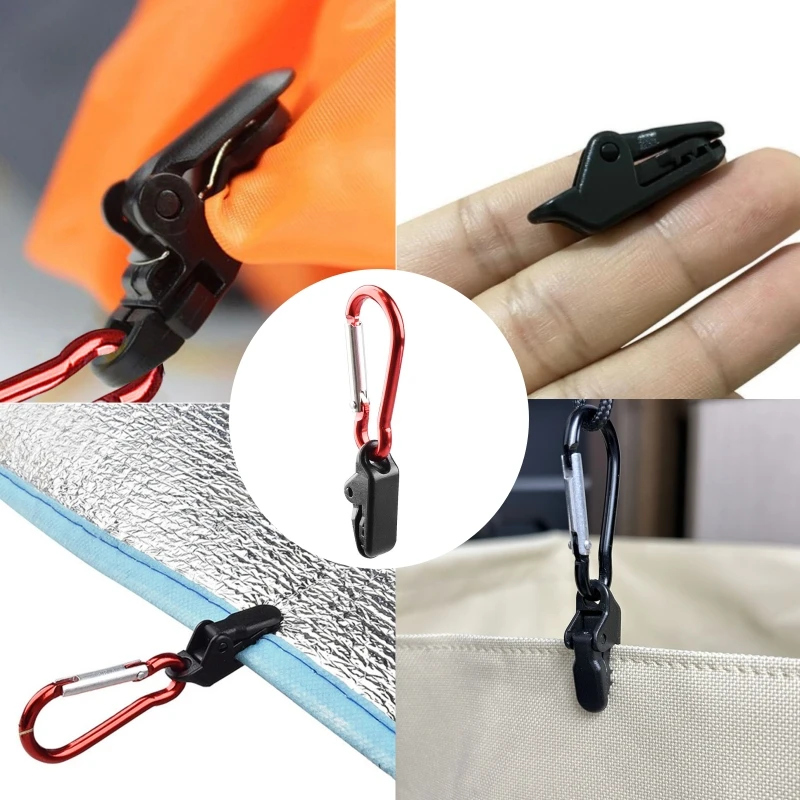 10pcs Portable Tent Awning Fixing Clamp Grip with Carabiner Hook Windproof Tarpaulin Plastic Wind Rope for Outdoor Camping