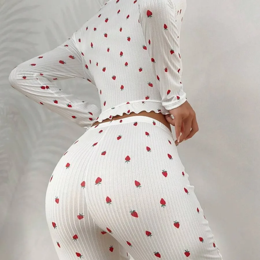 2024 Women\'s Pajama Set Sexy Ruffles Patchwork Long-sleeved Top and Trousers Strawberry Print Sleepwear V-nek Pyjamas Loungewear