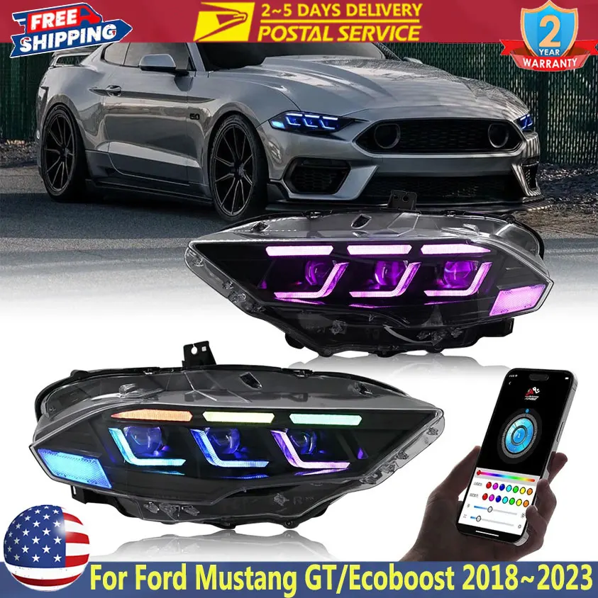 

Светодиодные линзы RGB LED для проекторов, блок фар DRL для Ford Mustang GT/Ecoboost 2018~2023, с функцией указателей поворота, передние фары в сборе