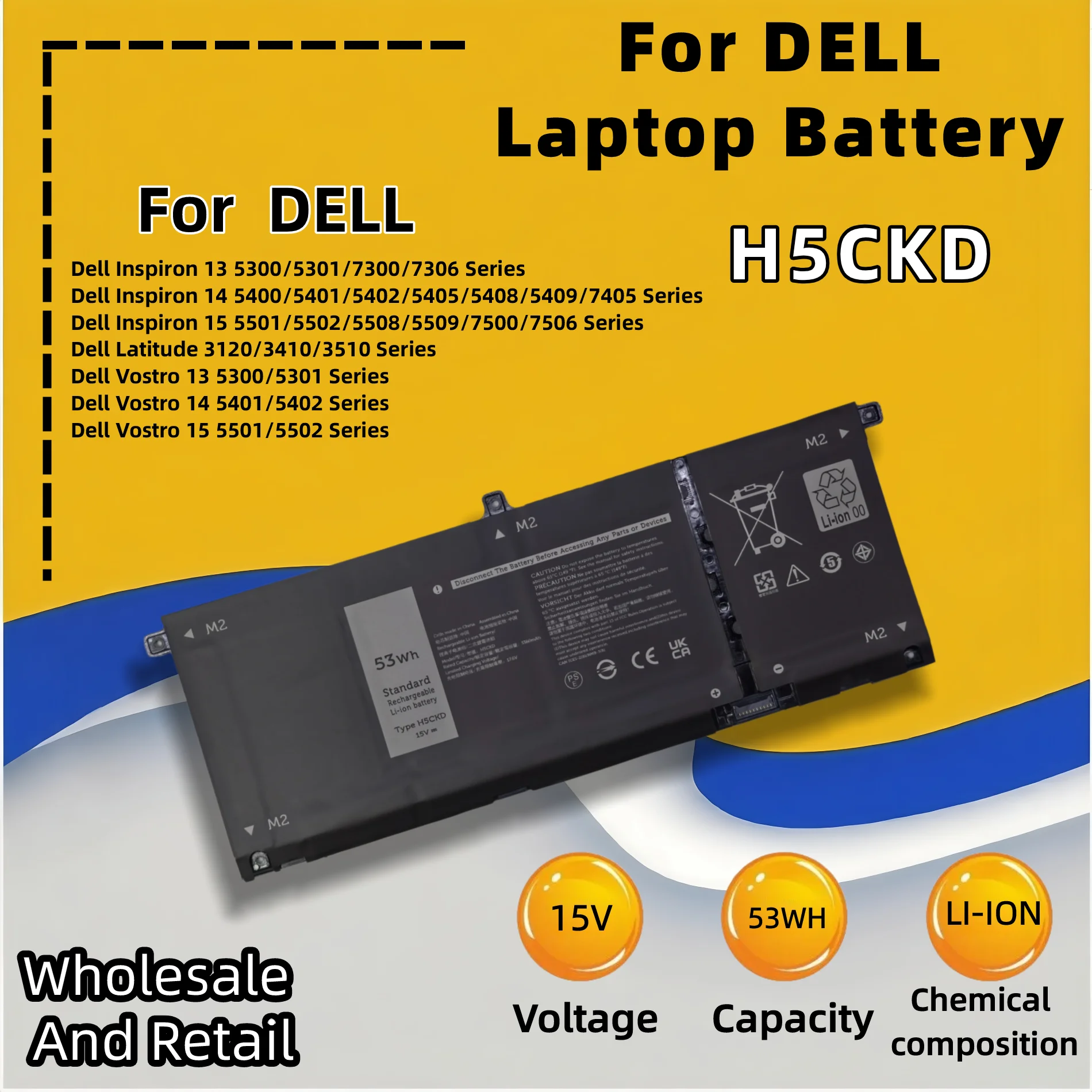 FRLESUI Replacement Laptop Battery for Dell Inspiron 14 5400 Series 07T8CD H5CKD P129G001 15V 53Wh, Brand New,13M Warranty