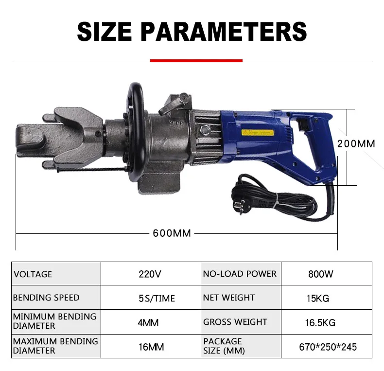 220V 750W Hydraulic Electric Rebar Bender Hand-held Rebar Bending Machine for bending rebar, steel bar,steel rod RB-16