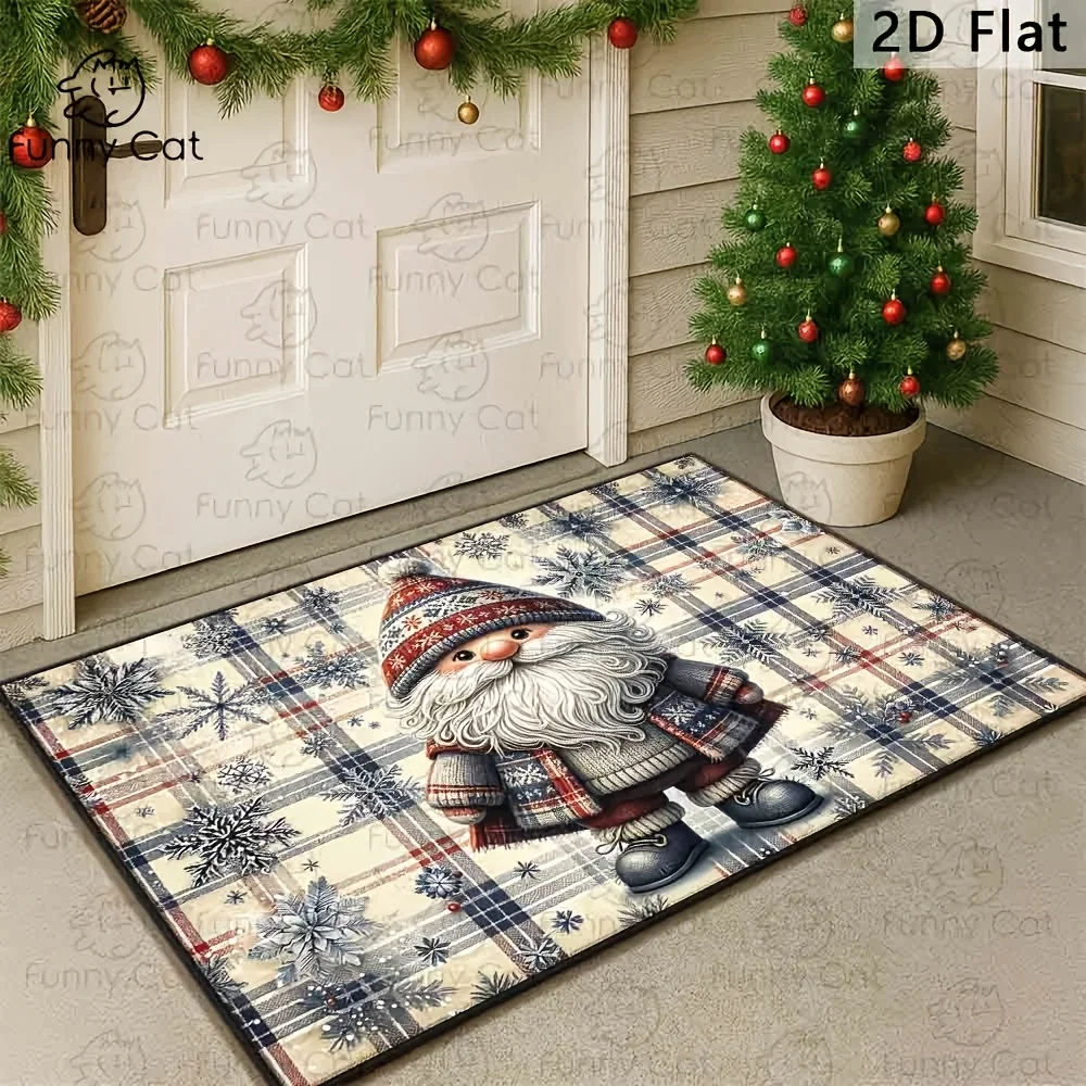 Welcome Christmas Dwarf Printed Rug Red Green Plaid Hat Indoor Home Entry Decor
