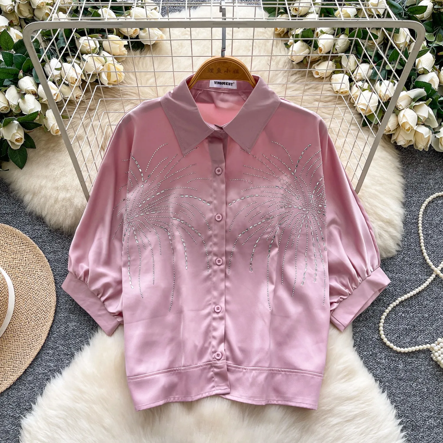 

Винтажная базовая блузка с короткими рукавами и отложным воротником, корейская модная офисная женская рубашка, женская одежда