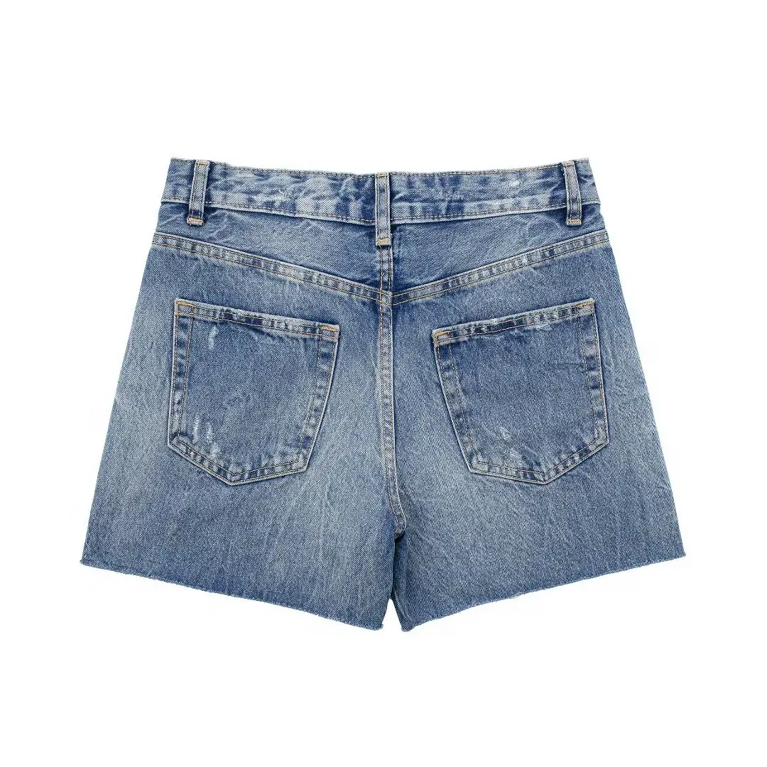 Shorts jeans de cintura alta feminino com decoração de furos, botão retrô, brincalhão chique, moda casual, novo, 2022