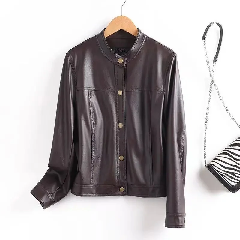 Autumn Female Faux Leather Short Outwear Spring Ladies Round Neck Leather Tops Coat Korean Women Solid Color PU Leather Jacket