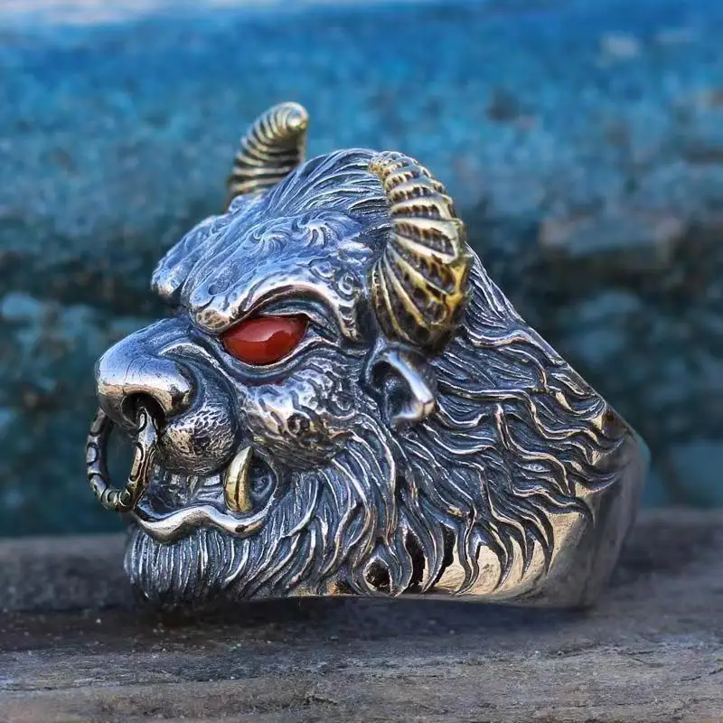 Punk Bull Head Ring Ethnic Wind Mythological Bull Demon King Open Ring Men\'s Gothic Rock Trend Party Jewelry