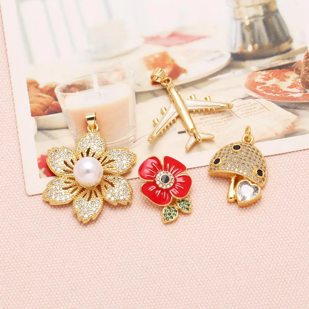 OCESRIO Big Bead Red Enamel Flower Pendant for Necklace Copper Gold Plated Mushroom Airplane Jewelry Making Supplies pdtb839