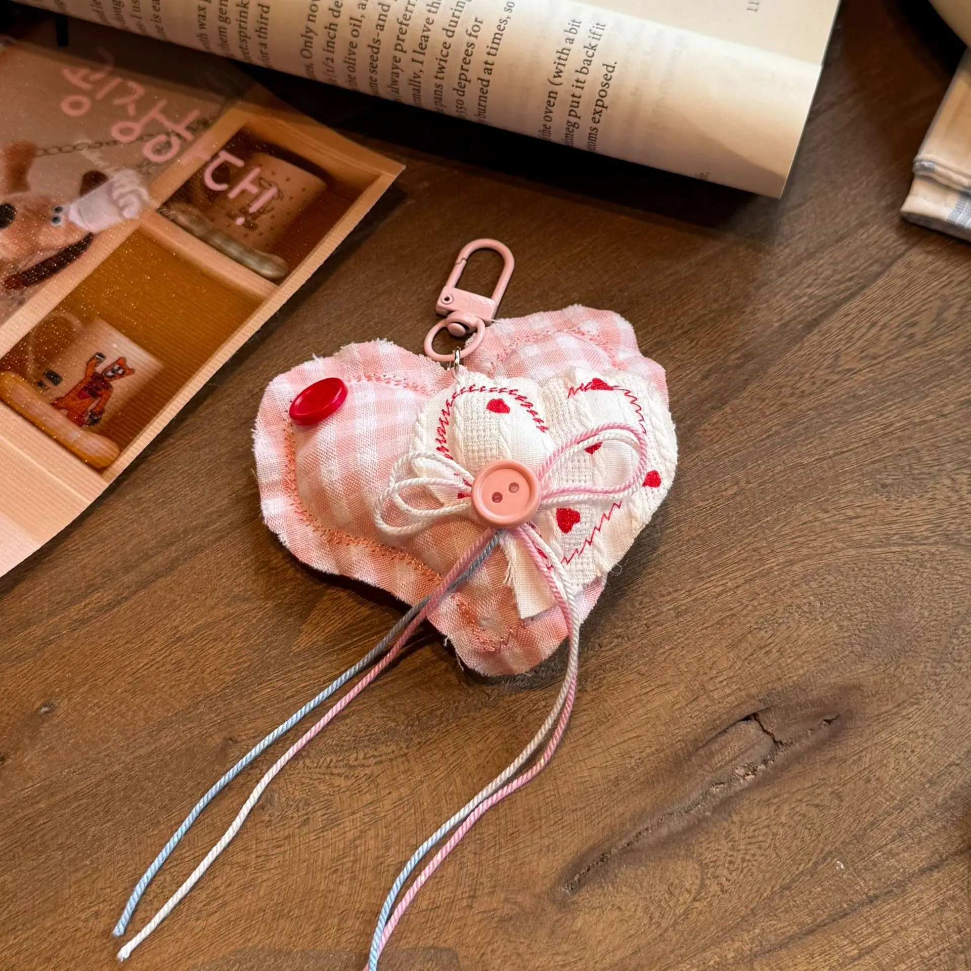 Keychain Charm Cotton Filled Embroidered Heart Ribbon Sweet Lightweight Bag Pendant Backpack Decor Gift for Girls Women