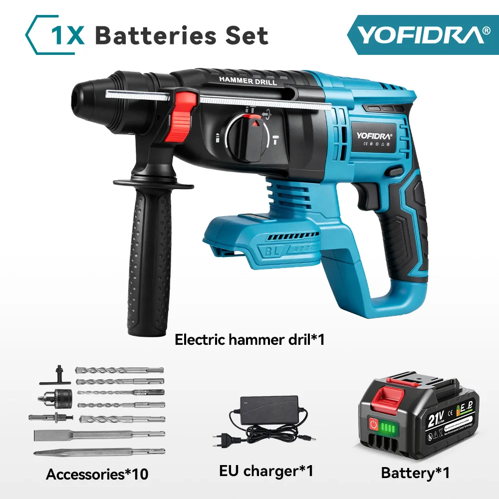YOFIDRA 26 MM Bürstenlosen Elektrischen Bohrhammer Multifunktionale Rotary Cordless Wiederaufladbare Power Werkzeuge Für Makita Batterie Pin