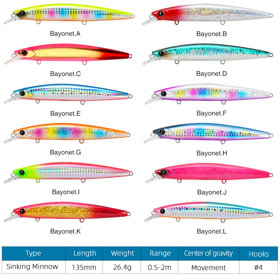 Tsurinoya 135s ultra longa carcaça de água salgada afundando minnow mar pesca isca baioneta 135mm 26.4g cavala seabass duro isca