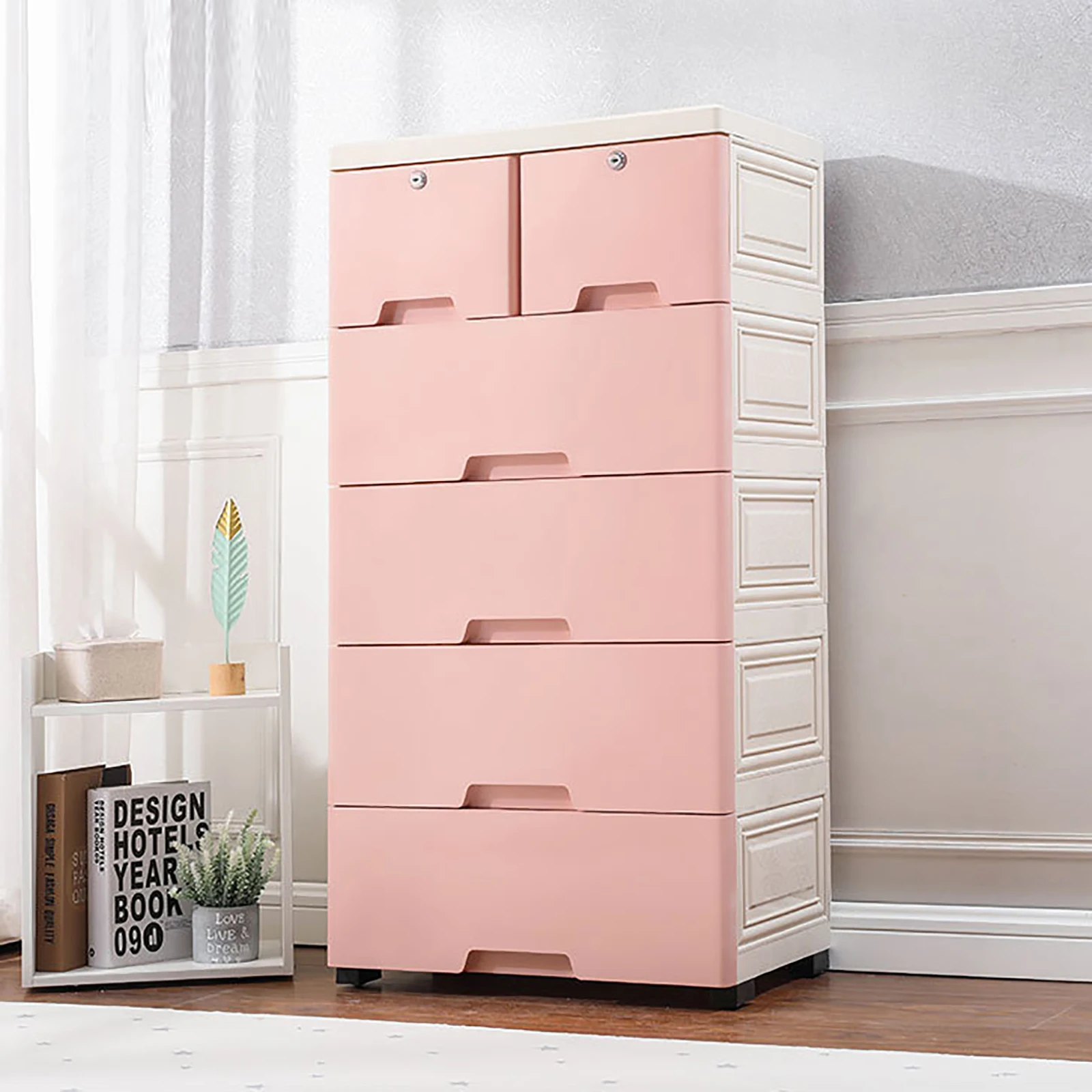 Gabinete de almacenamiento de plástico con 6 cajones, tocador con cerradura, armario para ropa de dormitorio, caja organizadora, muebles con 4 ruedas (rosa/azul)