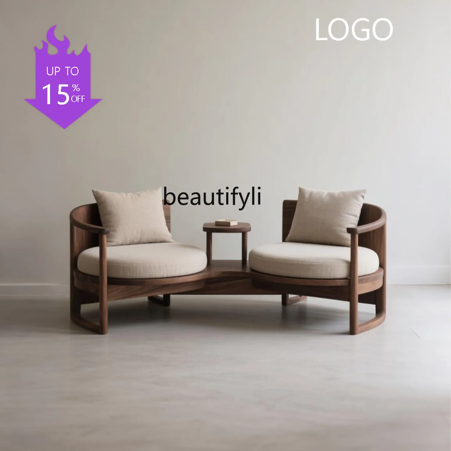 New Chinese-style North American black walnut, aesthetic minimalist fabric sofa chair, solid wood double one-piece chair