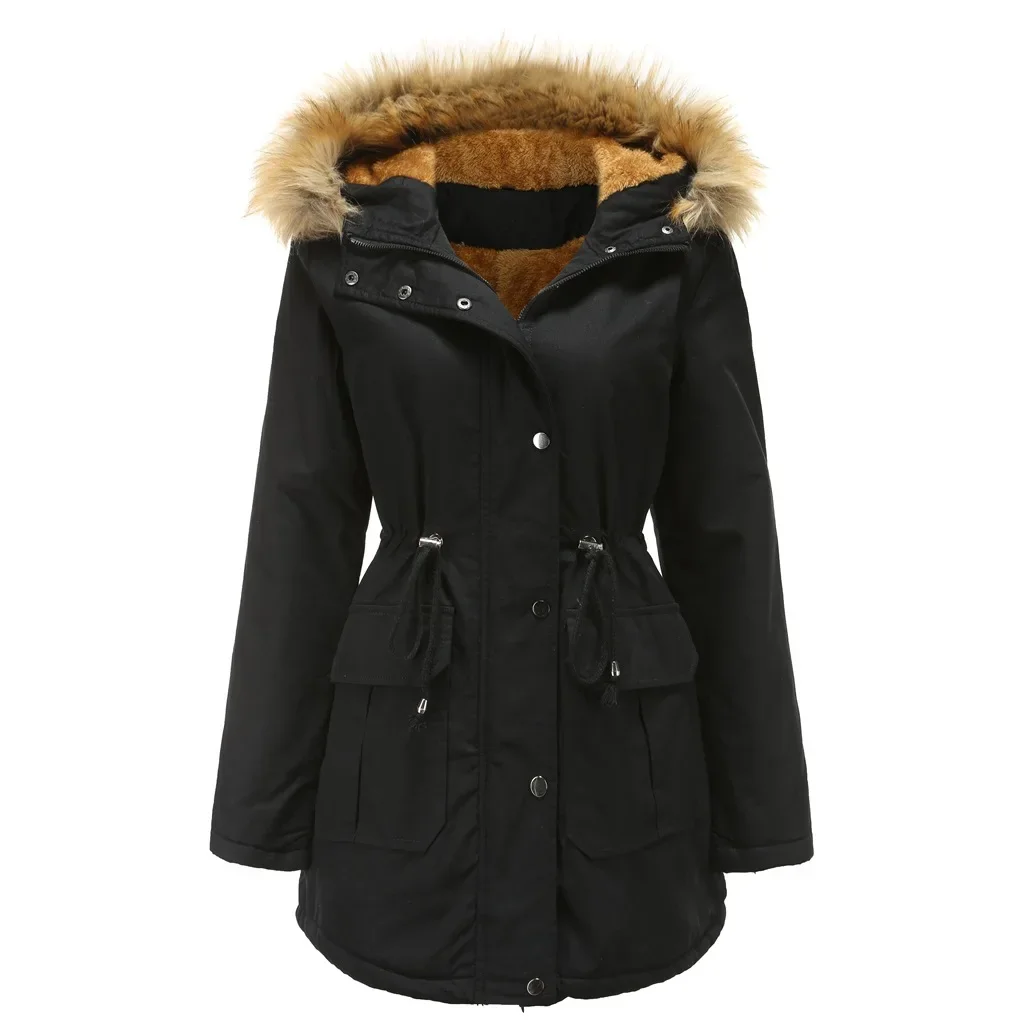 Chaqueta de invierno para mujer, abrigo largo grueso de felpa liso y cálido para invierno, abrigo Parka de piel con capucha a prueba de viento para