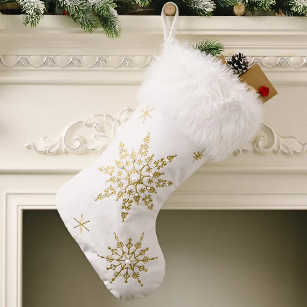 Embroidery Snowflake White Plush Christmas Stockings Sequined Large Size Christmas Gift Socks with Pearls