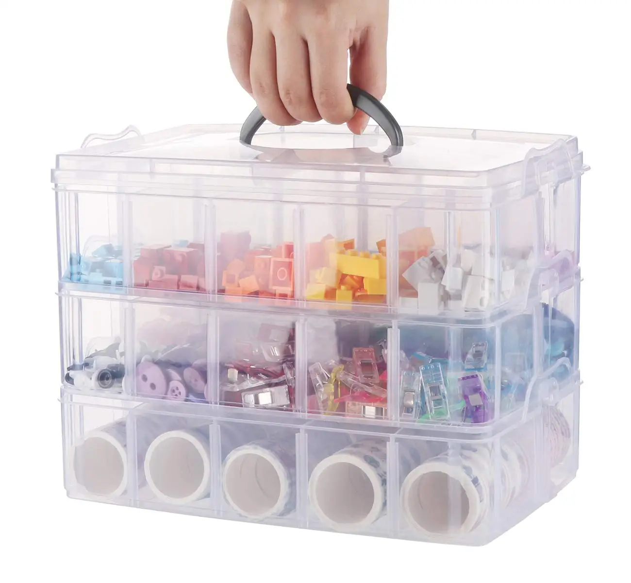 3-Tier Craft Storage Box With 30 Compartments-Clear Stackable Plastic Organizer With Handle for Jewelry,Toys,Sewing Accessories