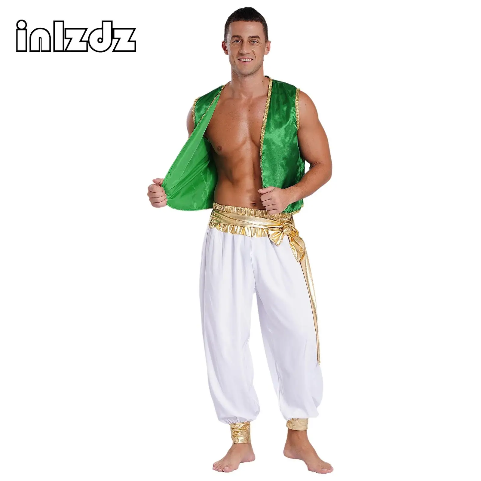 

Mens Arabian Prince Cosplay Dress Up Open Front Vest Waistcoat Pants Suit for Halloween Carnival Party Cosplay Stage Role Play