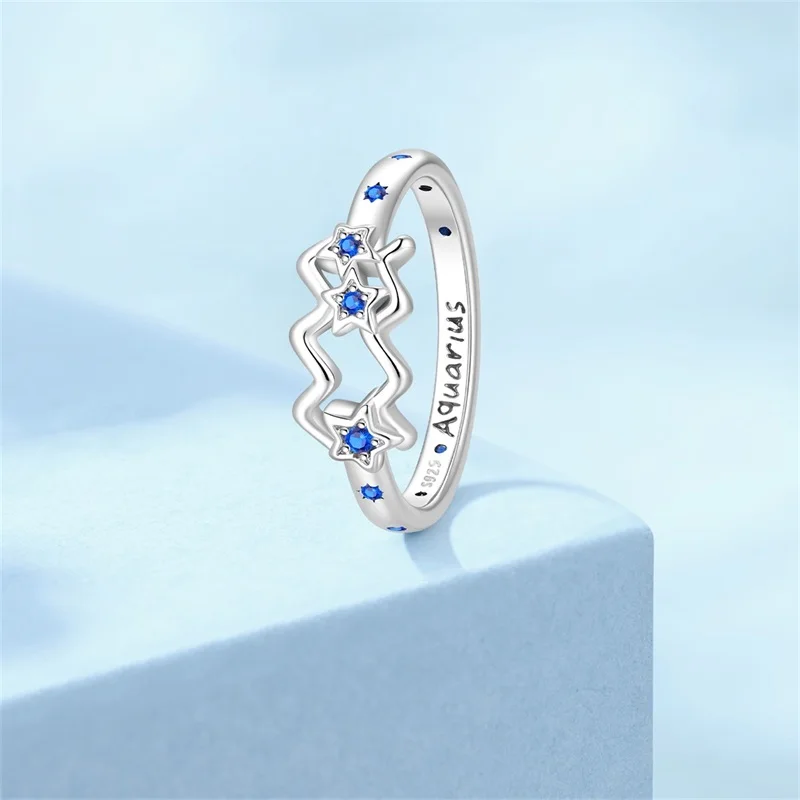 925 Sterling Silver Aquarius Ring Sparkling CZ Zircon For Women Girls Friends Fine Birthday Wedding Anniversary Jewelry Gifts