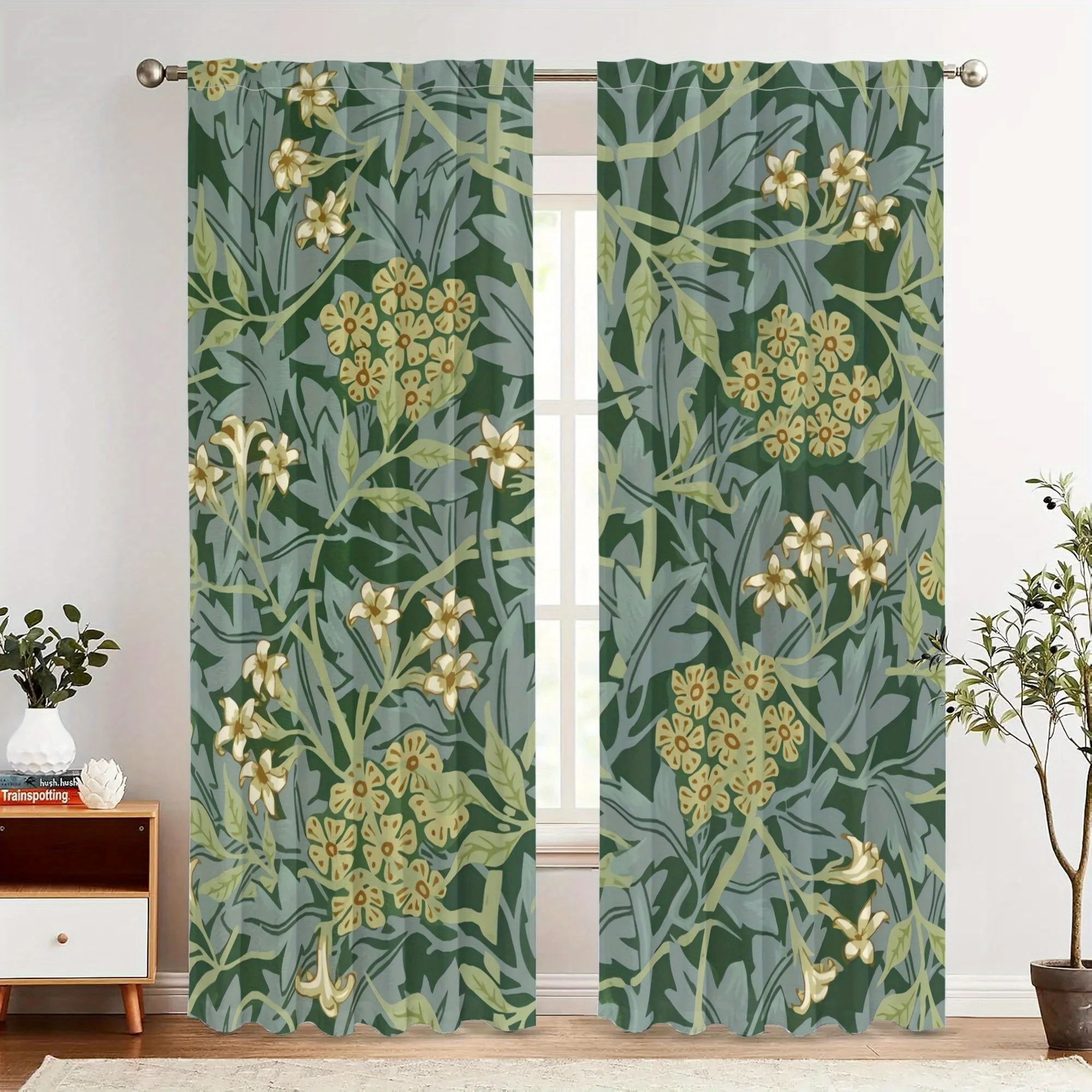 Elegant Green Floral Botanical Pattern Curtains Window Drapery Panel Sheer Curtain Pair 2pcs Home Decor