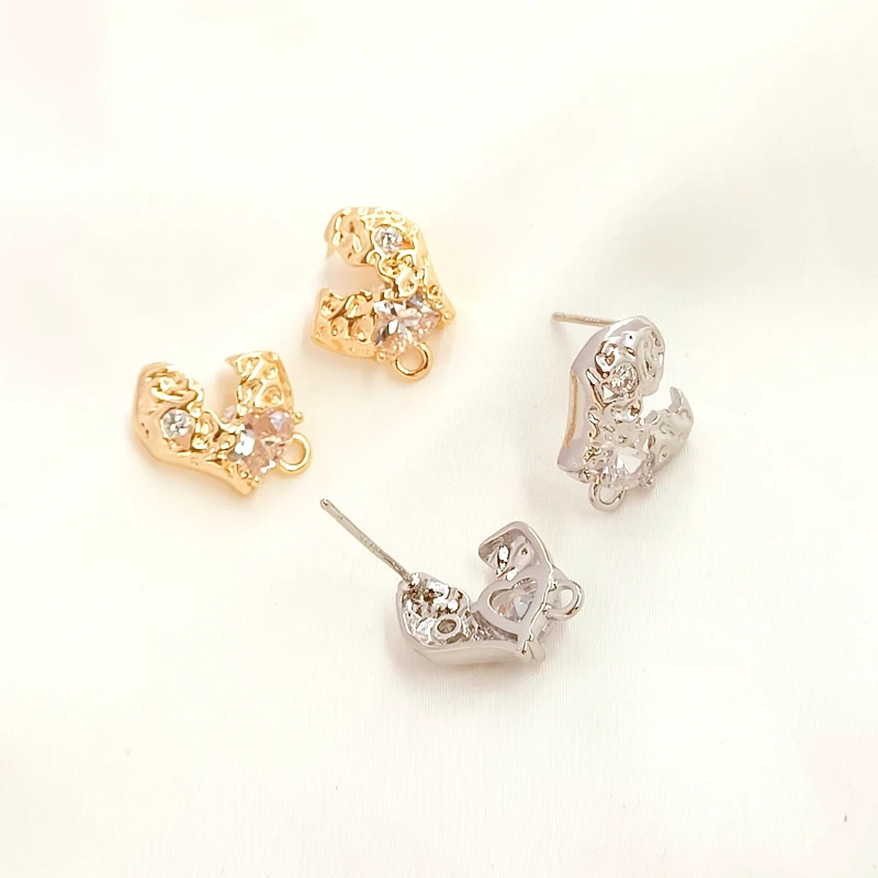 1 pair 12*13mm Copper clad 14K gold clad zircon  Irregular heart shaped stud  Diy makes jewelry discovery earring accessories