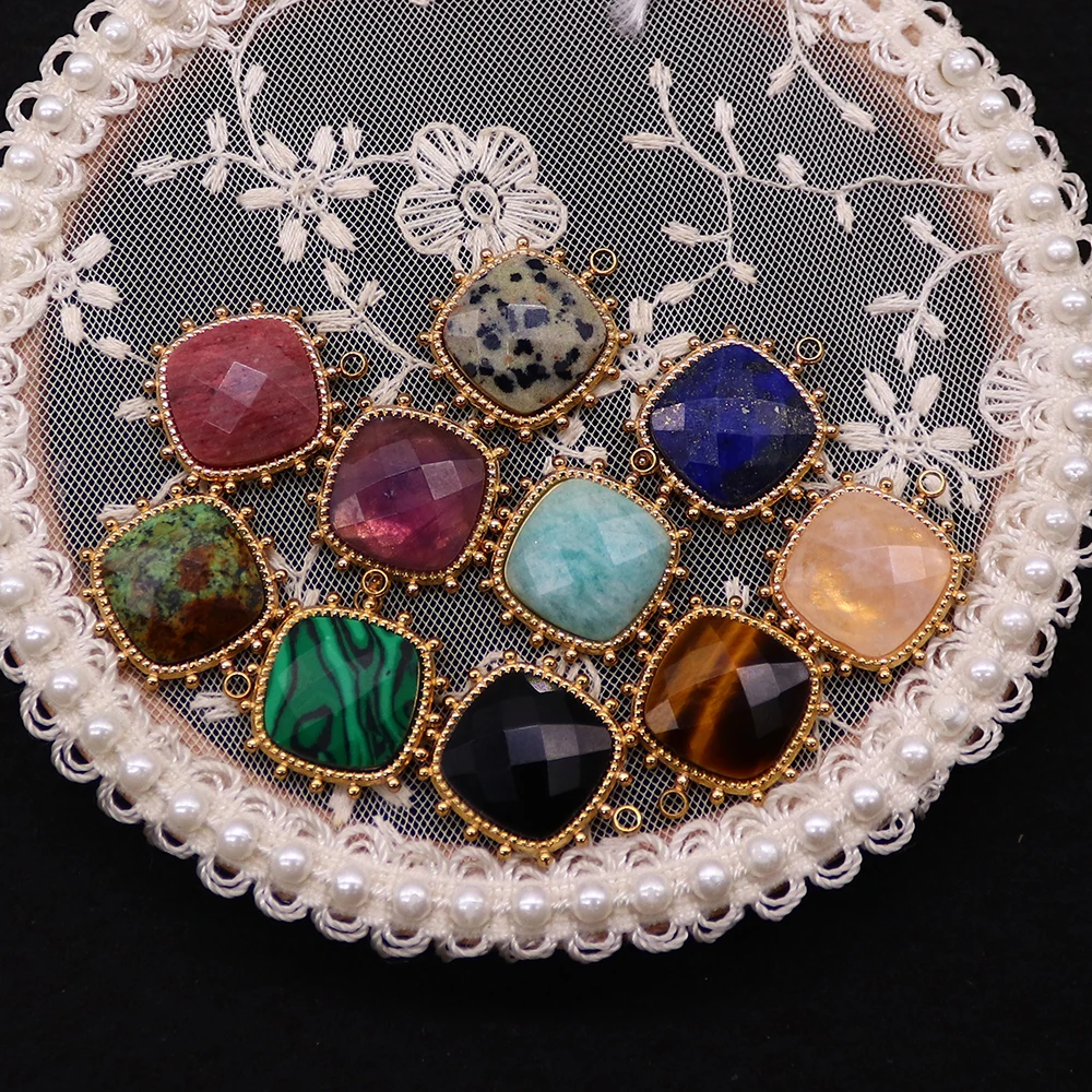 Natural Stone Agate Pendant Square Gold Color Stainless Steel Malachite Charms for Jewelry Making DIY Bracelet Necklace Earrings