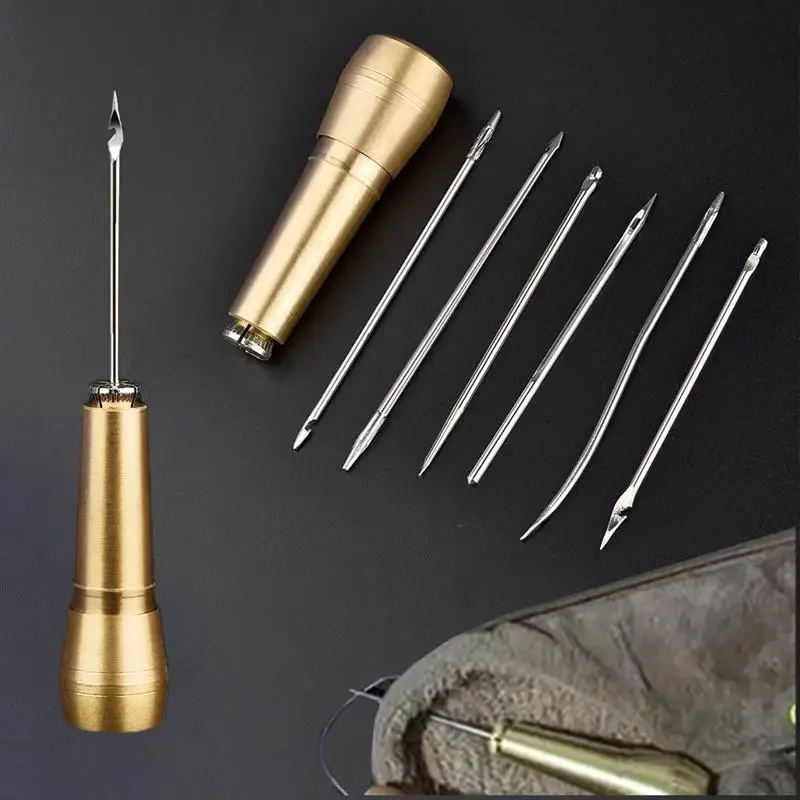 

Leather Sewing Kit DIY Leather Sewing Awl Needle With Copper Handle Set Leather Canvas Tent Shoes Repairing Tool Nylon Thread