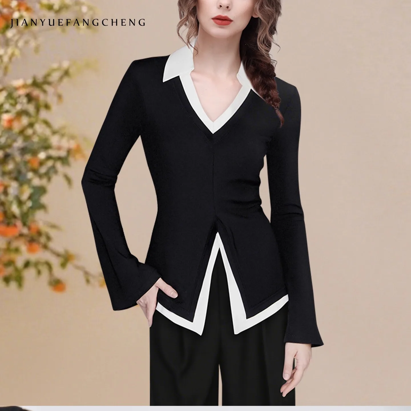 

Women' V Neck Long Sleeve Knitted Shirt Sexy Skinny Stretchy Pullovers Tops Black-white Color Blocking Blouses