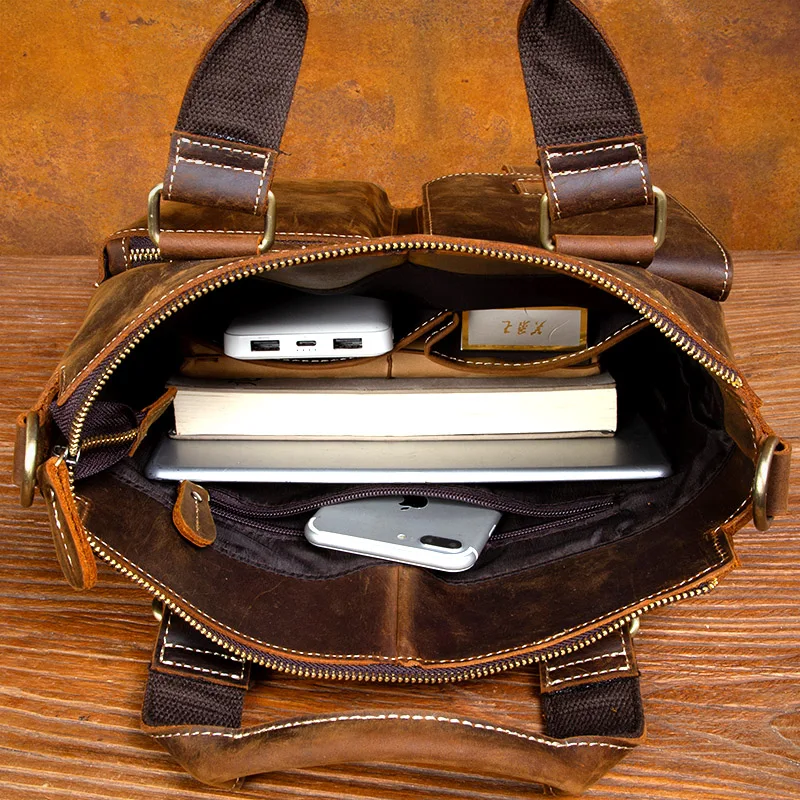 Crazy Horse Leather Handbag Leather Men's Bag Casual Leather Briefcase Retro Handmade Shoulder Crossbody Bag view 5