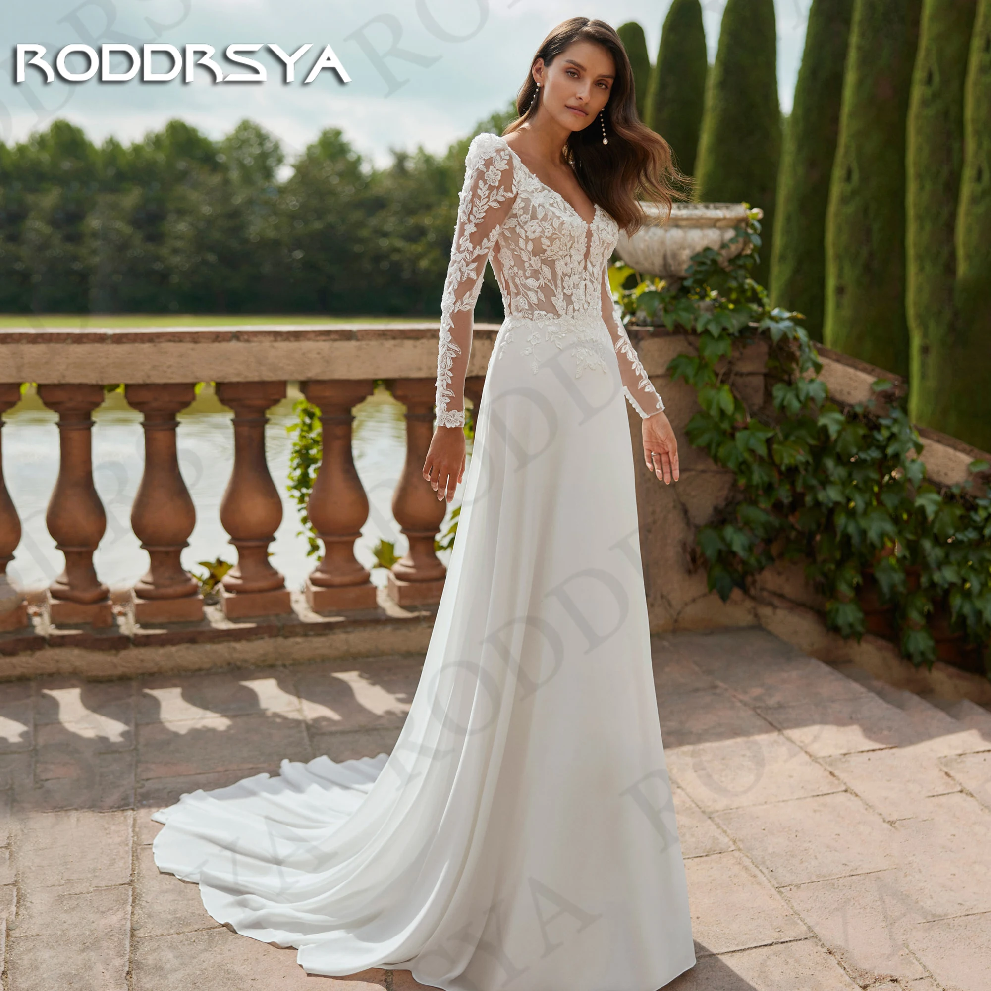 

RODDRSYA Beautiful Long Sleeve Wedding Dress Boho hochzeit kleider Illusion Backless A Line Chiffon Bridal Gown Lace Customized