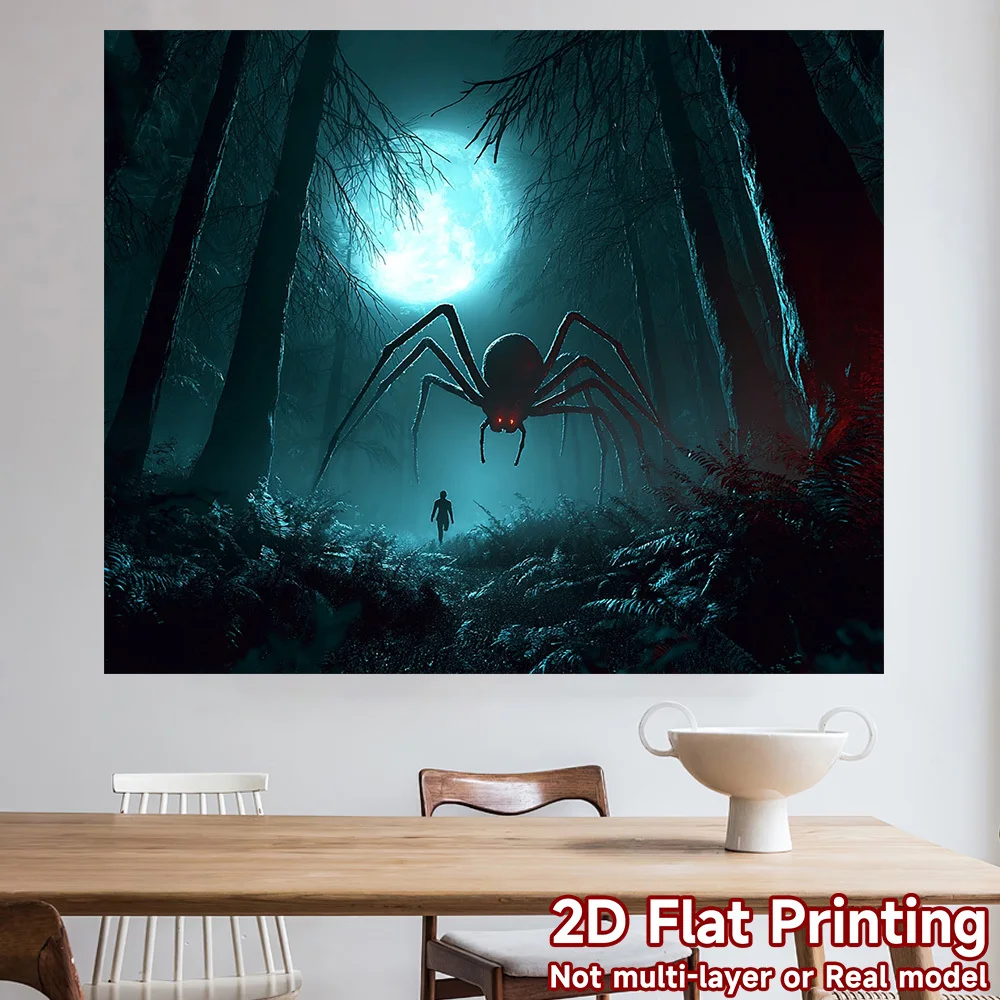 Giant Spider in Moonlit Forest Tapestry with Silhouette Walker 180x280cm Horror Theme Wall Decor