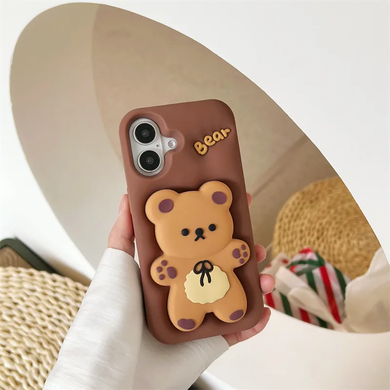 3D Niedliche Cartoon-Bär Teleskop-Halterung Silikon-Handyhülle für iPhone 17 16 15 14 13 12 11 Pro Max Stoßfeste Schutzhülle