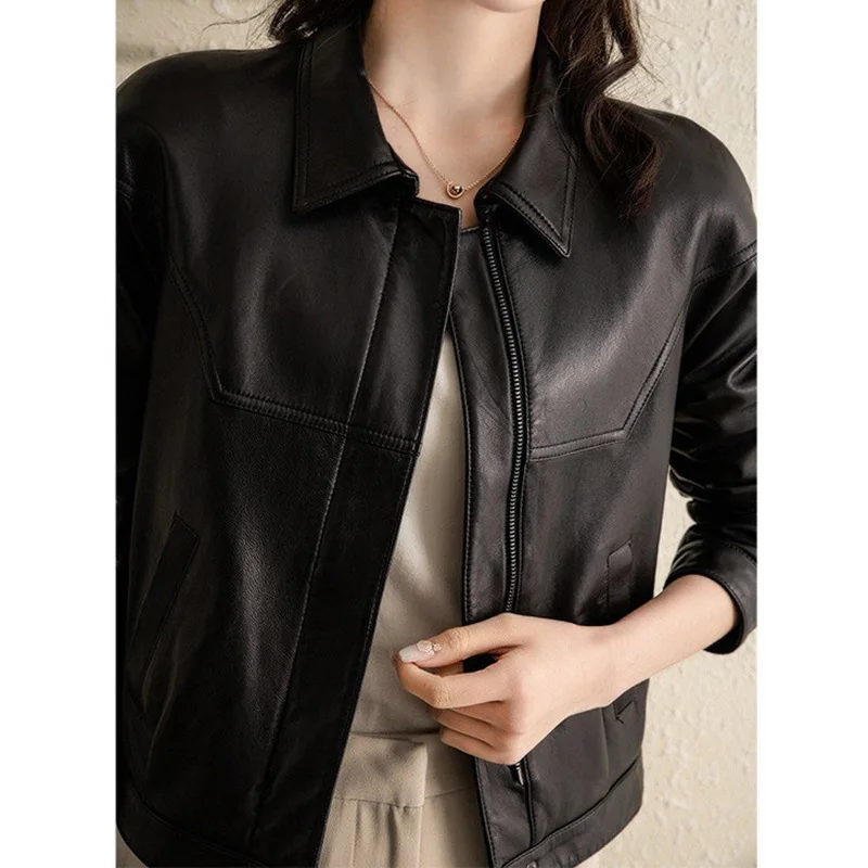 

2023New autumn Motorcycle black leather jacket,genuine leather women's short style new women's versatile sheepskin leather jacke