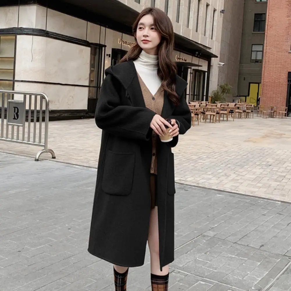 Women Winter Overcoat Hooded Pockets Pure Color Open Stitch Cardigan Mid Length Coat Thermal Long Sleeves Commuting Dating Winte
