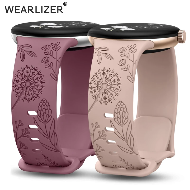 Wearlizer 2 Pack Bloemen Gegraveerde Band Voor Google Pixel Horloge 2/ Google Pixel Horloge Siliconen Sport Bandjes Voor Pixel Horloge 2