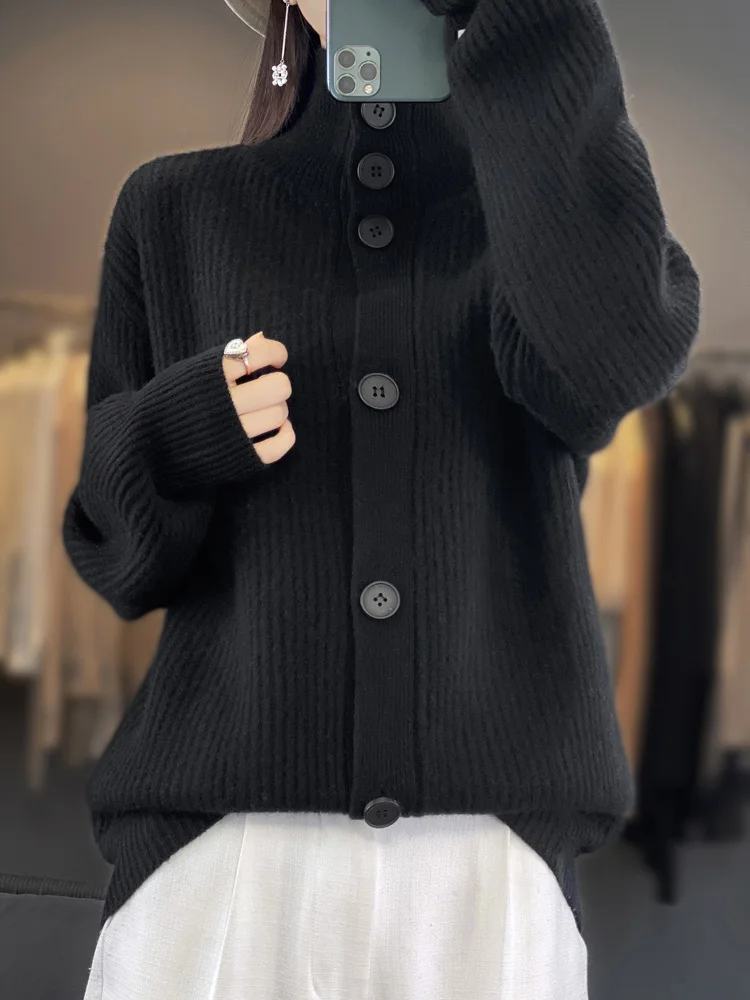 Thick Women Turtleneck Wool Cardigan Casual Loose Solid Sweater Autumn Winter 100% Merino Wool Knitwear Korean Coat Clothing